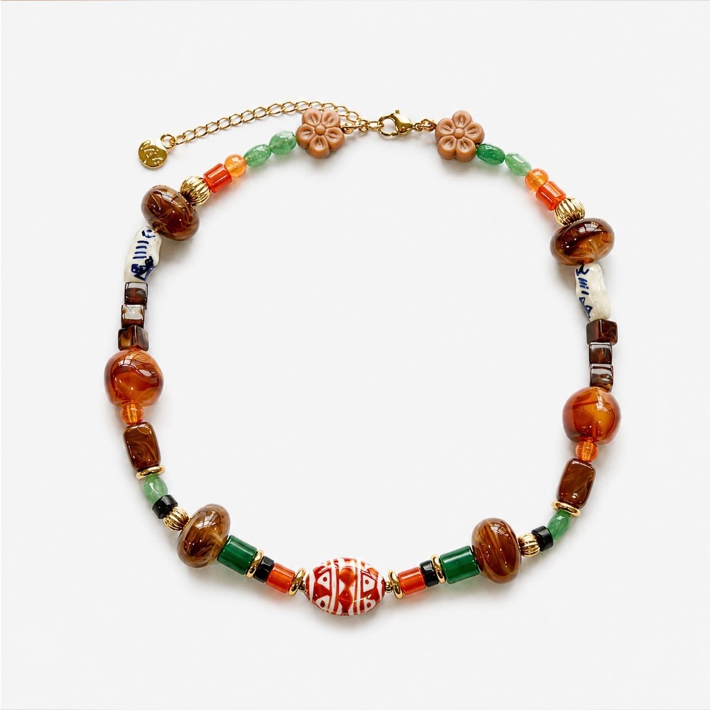 Artisan Multicolor Beaded Necklace - Orange & Green